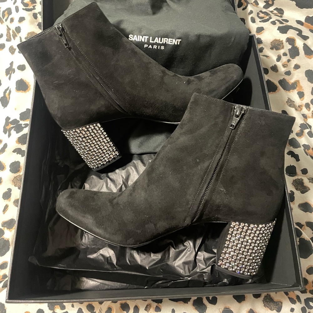 Saint Laurent - Suede Crystal Studded Babies 70 Ankle Boots 38.5 Black